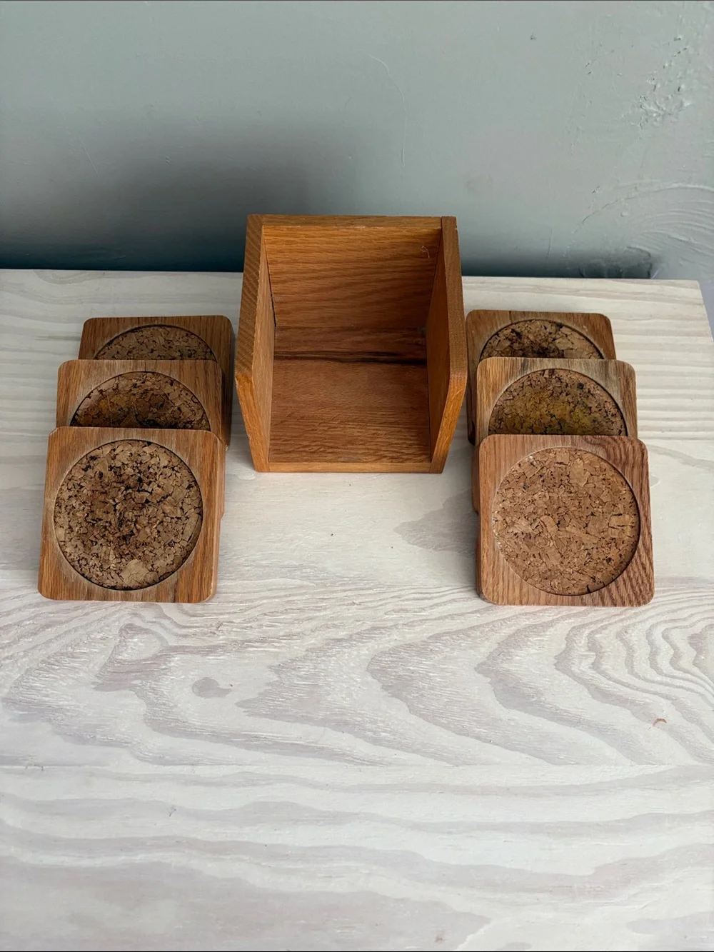 Vintage Mid Century Modern Wood and Cork Coaster Set of 6 with Caddy